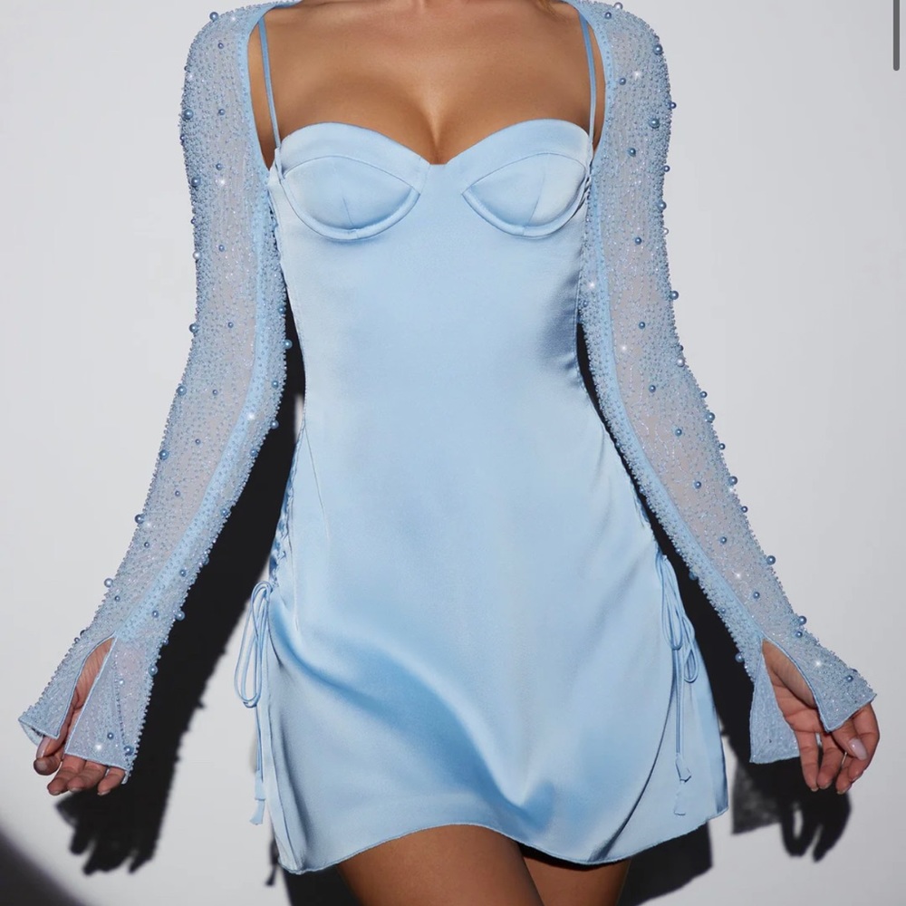 Oh Polly GENEVA Long Sleeve Embellished A-line Mini Dress in Blue size 4